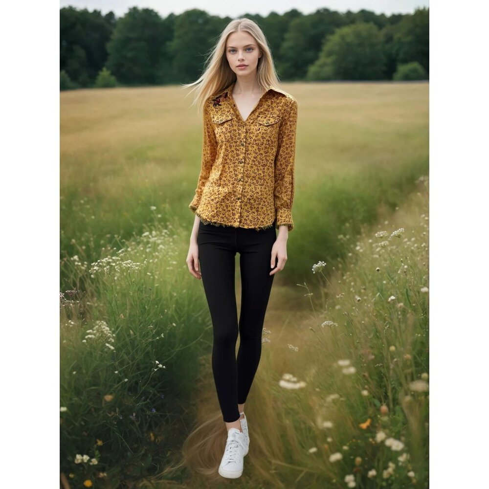 Ryan Michael Women's S Yellow Pearl Snap Costal Girl Western Embroidered Fringe‎